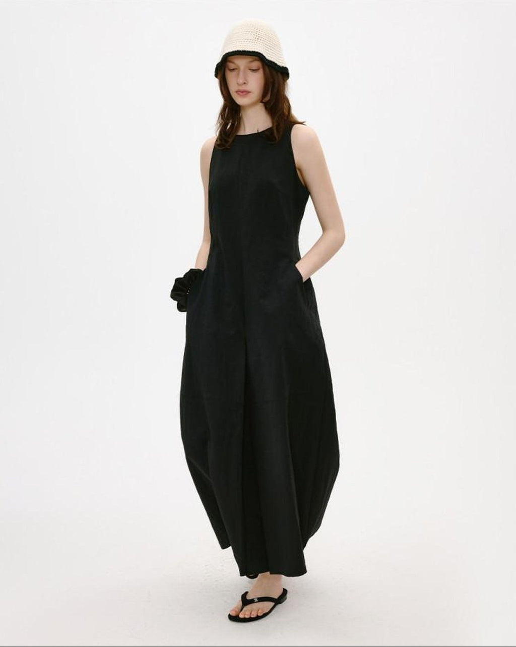 fano Breathable Cotton Blend Sleeveless A Line Korean Workwear Black Maxi Dresses