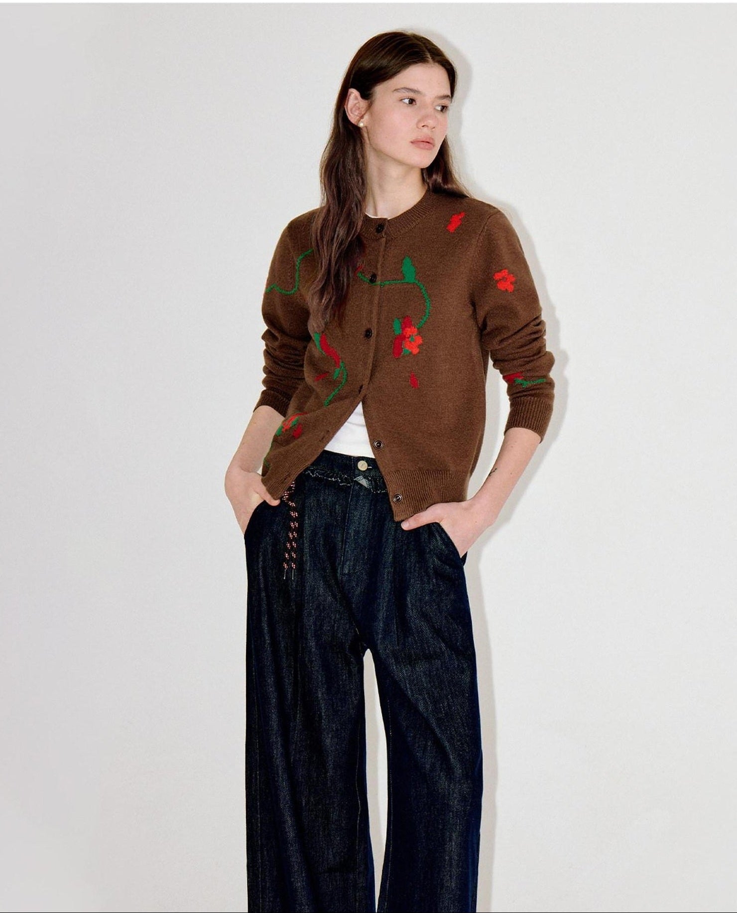 fano Soft Acrylic Blend Oversized Round Neck Single Row Button Women Brown Cardigans