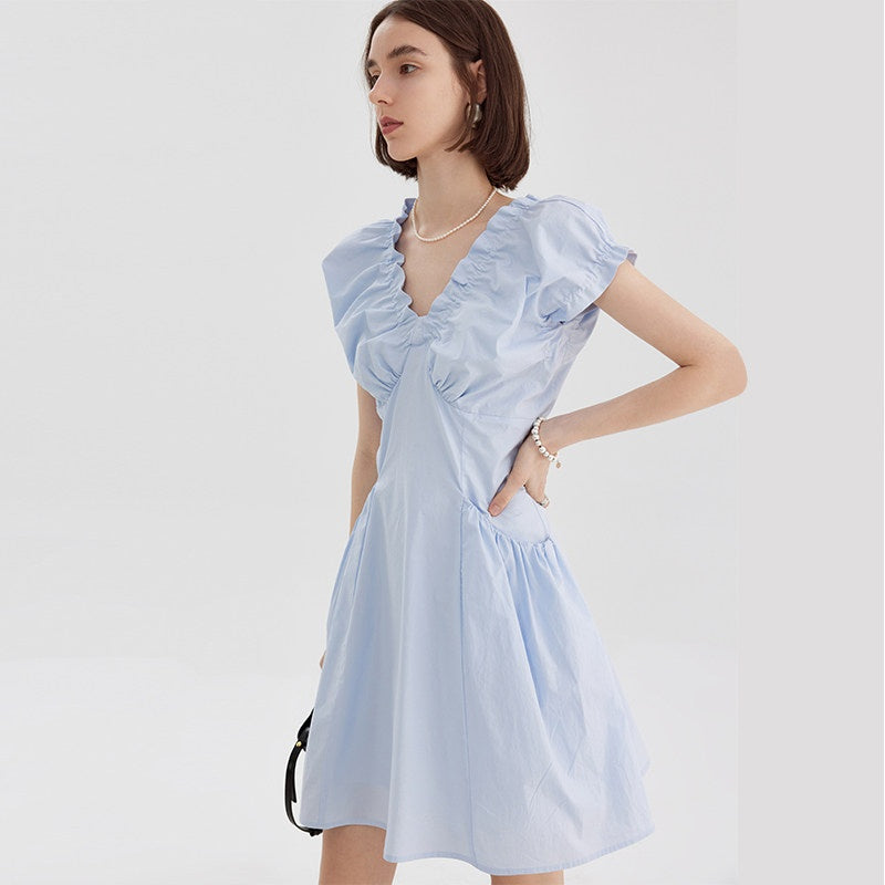 fano_Pleated_High_Waist_A_Line_V-neck_Flutter_Sleeves_100%_Cotton_Casual_Maxi_Dresses_MISSTT