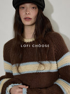 Lofi choose Cozy Acrylic Wool Colorblock Loose Fit Raglan Crewneck Striped Knit Sweaters