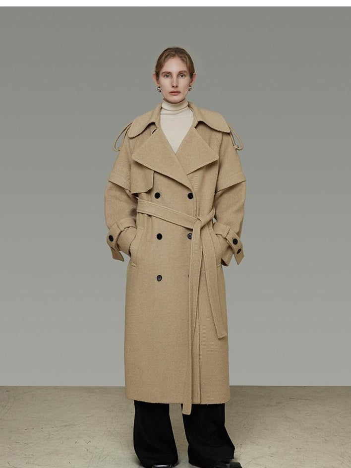 unspoken Elegant Minimal Workwear Oversized Double Breasted Lapel Khaki Wool Coats
