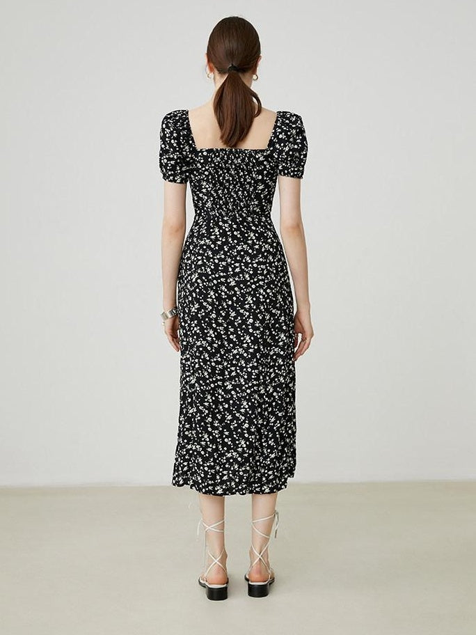 fano Viscose Square Neck Puff Sleeve A Line Casual Black Floral Maxi Dresses