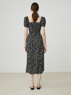 fano Viscose Square Neck Puff Sleeve A Line Casual Black Floral Maxi Dresses