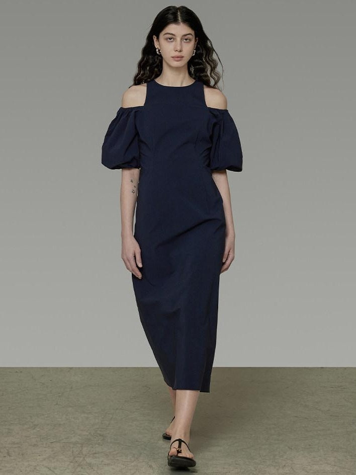 unspoken Slimming Waist A Line Irregular Hem Puff Sleeve City Navy Maxi Dresses