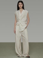 unspoken Breathable Linen Blend Sleeveless V-neck Tie Front Loose Fit Work White Blouses