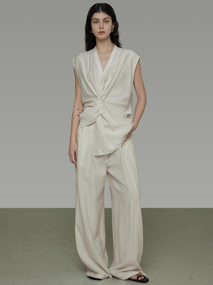 unspoken Breathable Linen Blend Sleeveless V-neck Tie Front Loose Fit Work White Blouses