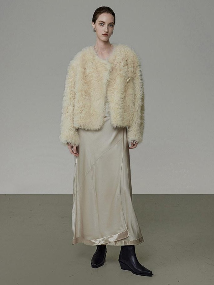 unspoken Minimal Off White Button Front Crew Neck Straight Fit Office Short Coat