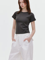fano Soft Cotton Stretch Korean Slim Fit Short Sleeve Deep Gray Basic Crop Tops
