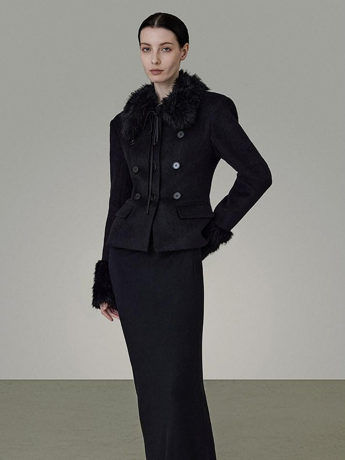 unspoken Warm Wool Blend Slim Fit Button Front Women Black Long Sleeve Cropped Jackets