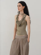 someonesometimes Light Lyocell Slim Ruffle Tie Cami Workwear Women Olive Green Tank Tops