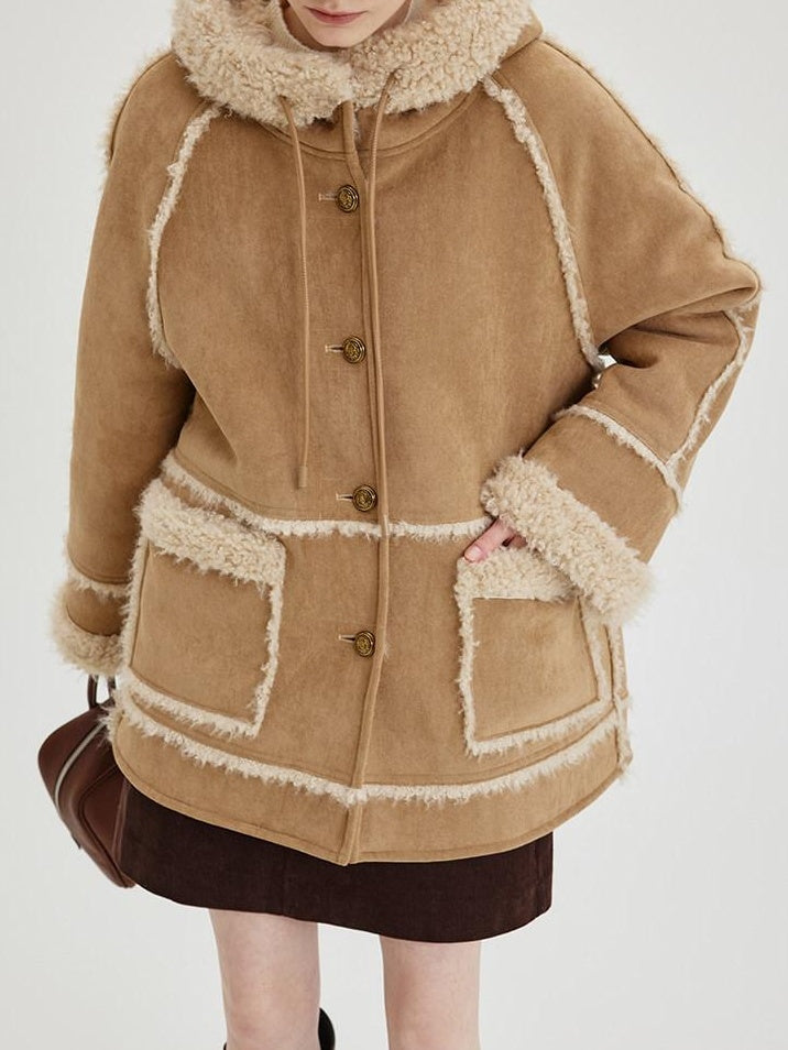 fano Warm Wool Blend Hooded Loose Patchwork Womens Commuter Long Coats