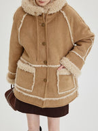 fano Warm Wool Blend Hooded Loose Patchwork Womens Commuter Long Coats