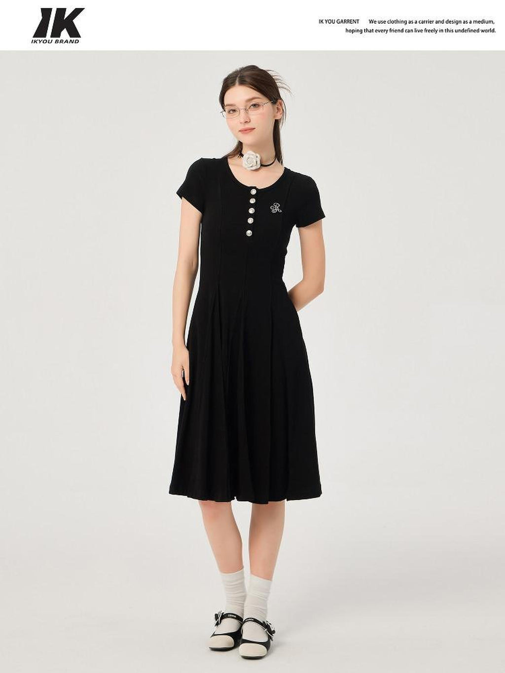 ikyou Soft Stretch Cotton Cinched Waist A Line U Neck Short Sleeve Black Maxi Dresses