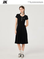 ikyou Soft Stretch Cotton Cinched Waist A Line U Neck Short Sleeve Black Maxi Dresses