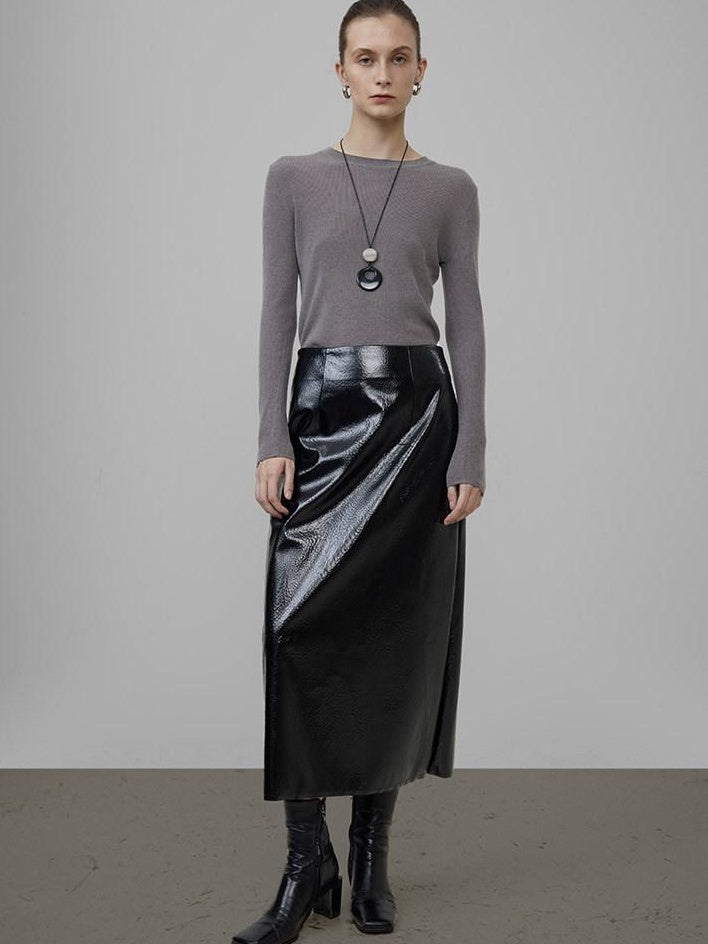 unspoken High Waist Pu Leather A Line Lined Black Commuter Skirt For Women Midi Skirts