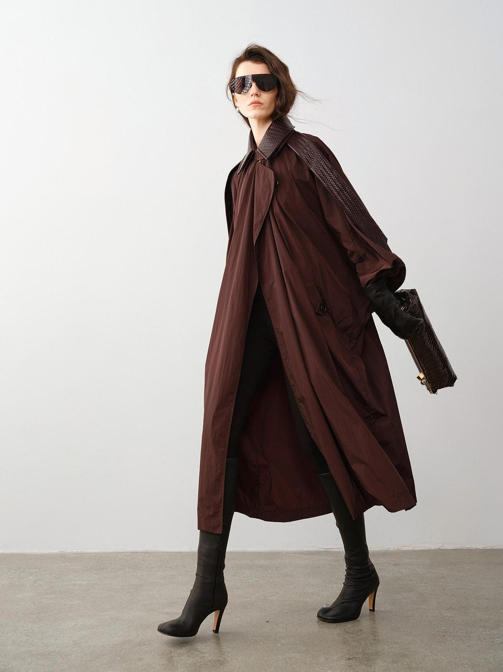 audreyyang Long Polyamide Patchwork Trench Decorative Tabs Women Black Trench Coats