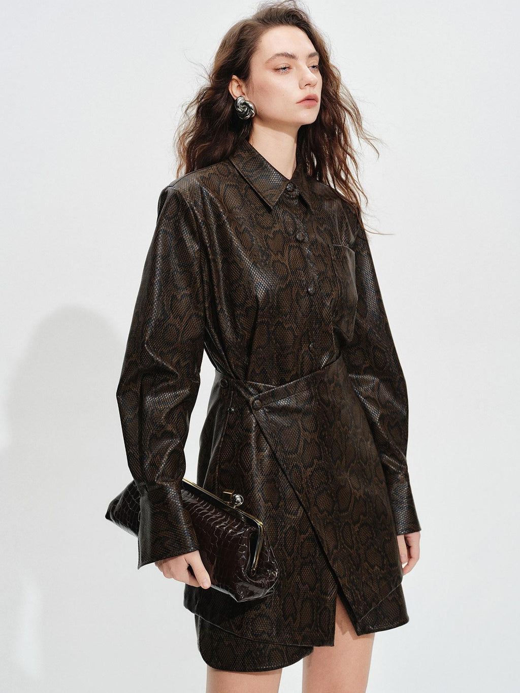 audreyyang Detachable Vintage Snake Print Pu Midlength Relaxed Womens Lapel Leather Jackets