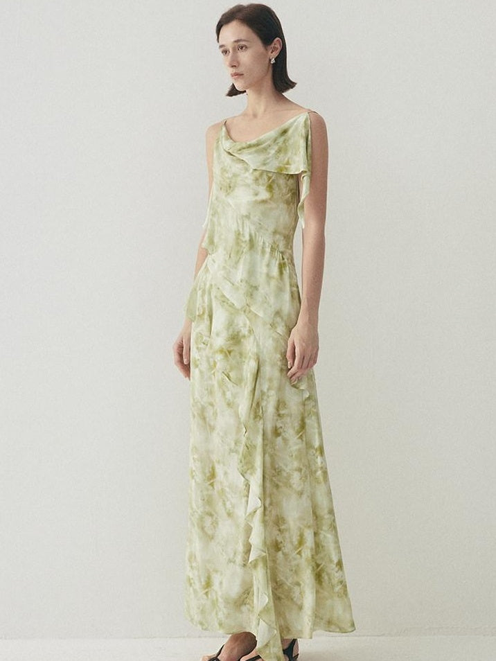 someone sometimes Viscose Asymmetric Ruffle Hem Cinched Waist Aline Lake Green Maxi Dresses