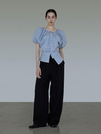 unspoken Breathable Cotton Tie Waist Puff Sleeve Commuter Women Round Neck Button Blouses
