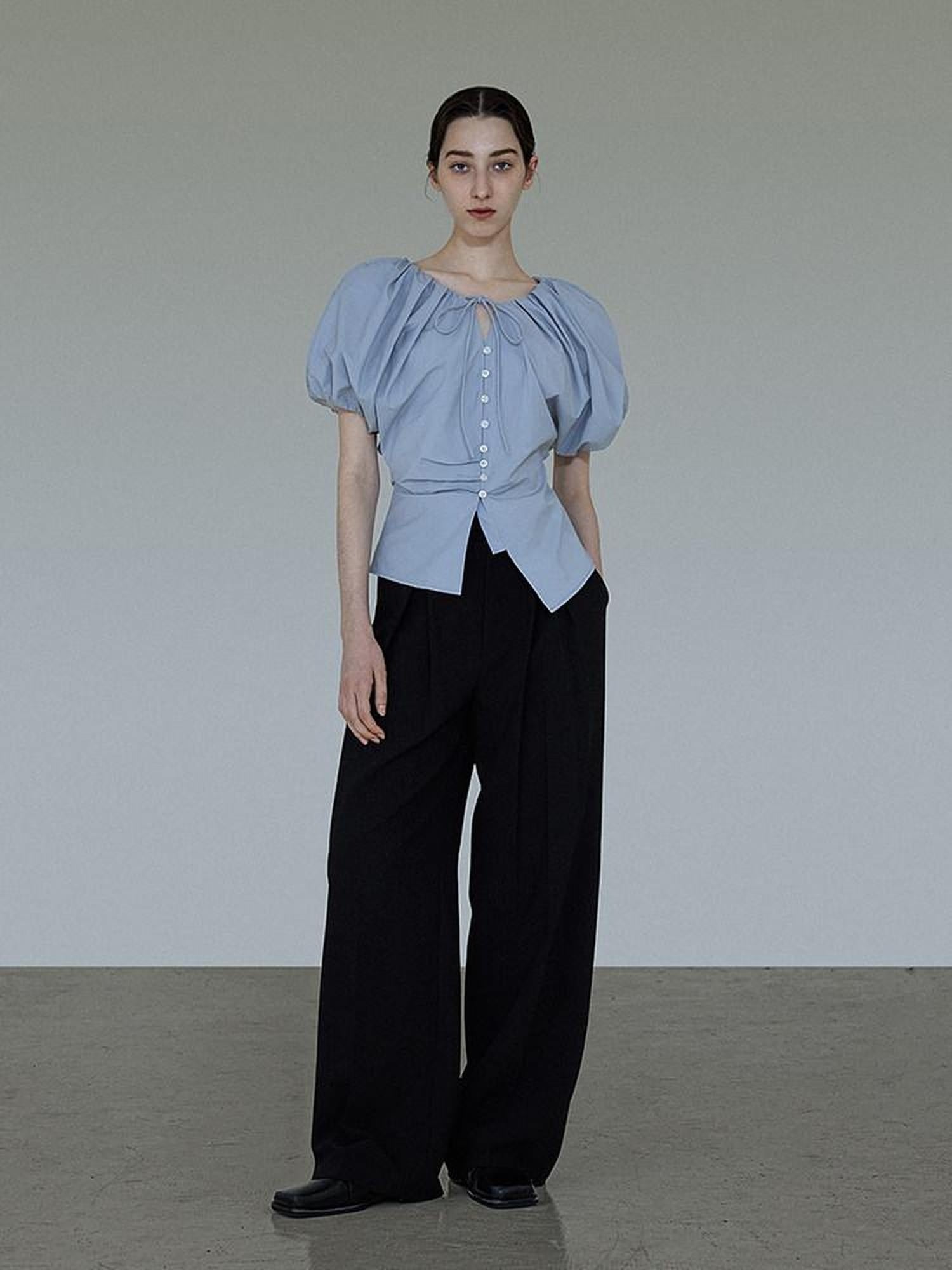unspoken Breathable Cotton Tie Waist Puff Sleeve Commuter Women Round Neck Button Blouses