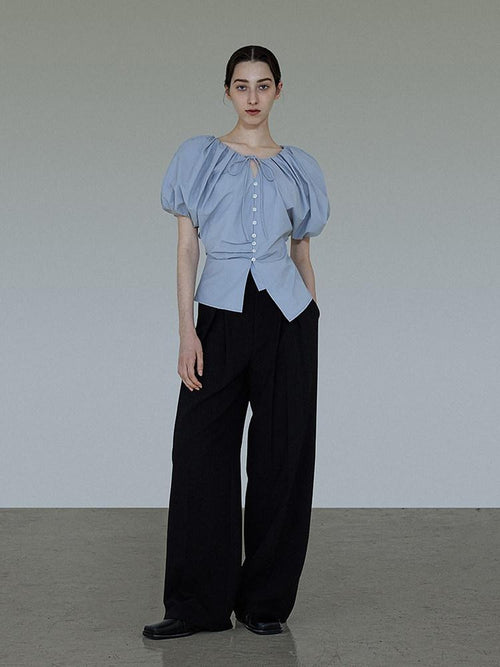 unspoken Breathable Cotton Tie Waist Puff Sleeve Commuter Women Round Neck Button Blouses