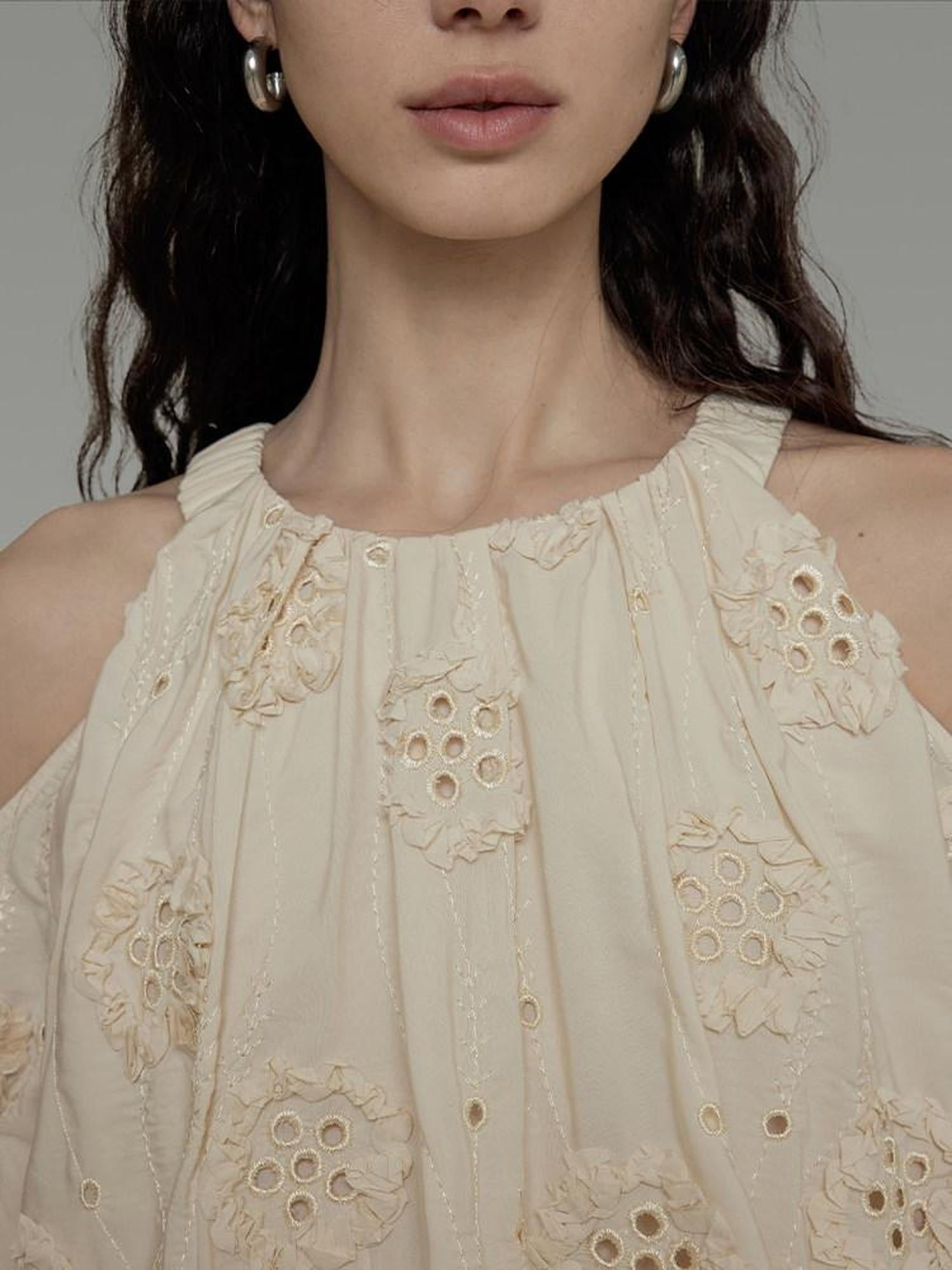 unspoken Breathable Skin Friendly Embroidered Loose Round Neck Long Sleeve Office Blouses