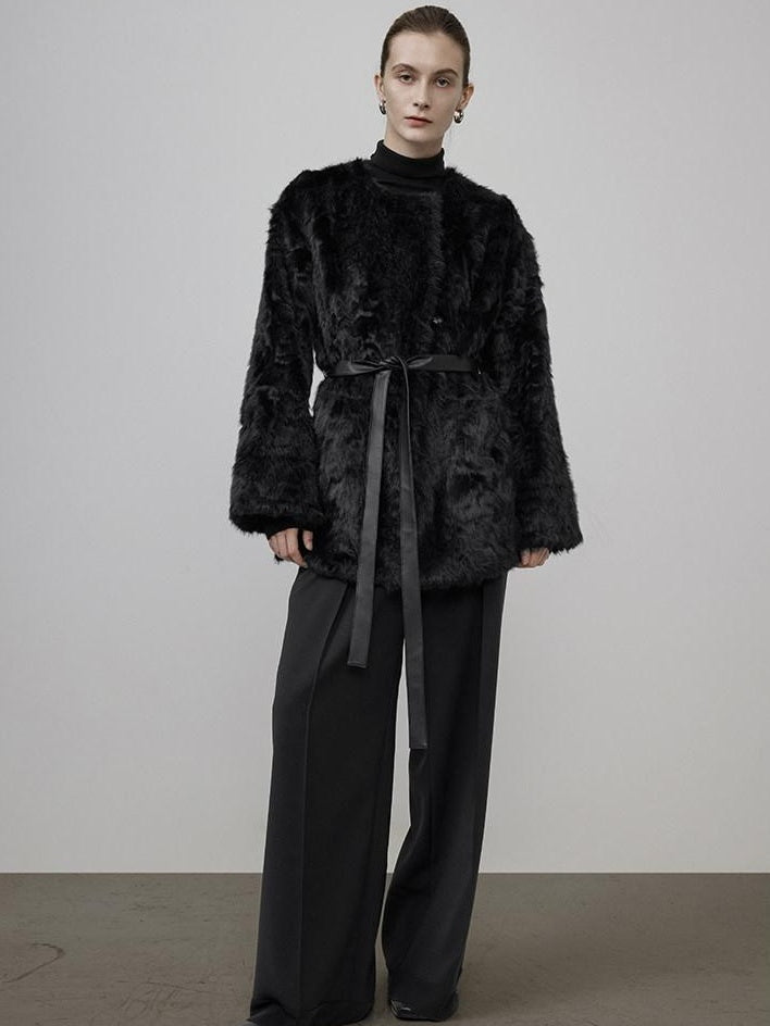 unspoken Faux Fur Lined Minimal Oversized Womens Black Round Neck Long Sleeve Short Coat