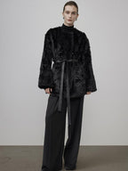 unspoken Faux Fur Lined Minimal Oversized Womens Black Round Neck Long Sleeve Short Coat