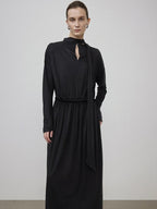 unspoken Minimal Office Pleated Round Neck Elastic Waist Long Sleeve Black Maxi Dresses