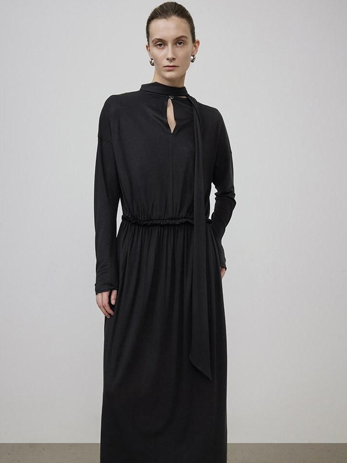 unspoken Minimal Office Pleated Round Neck Elastic Waist Long Sleeve Black Maxi Dresses