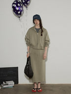 Lofi choose Hooded Zip Cardigan Loose Fit Long Sleeve Workwear Light Green Top & Skirt Sets