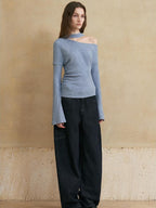 someonesometimes Viscose Blend Casual Slim Asymmetric Neck Knit Long Sleeve Sky Blue Sweaters