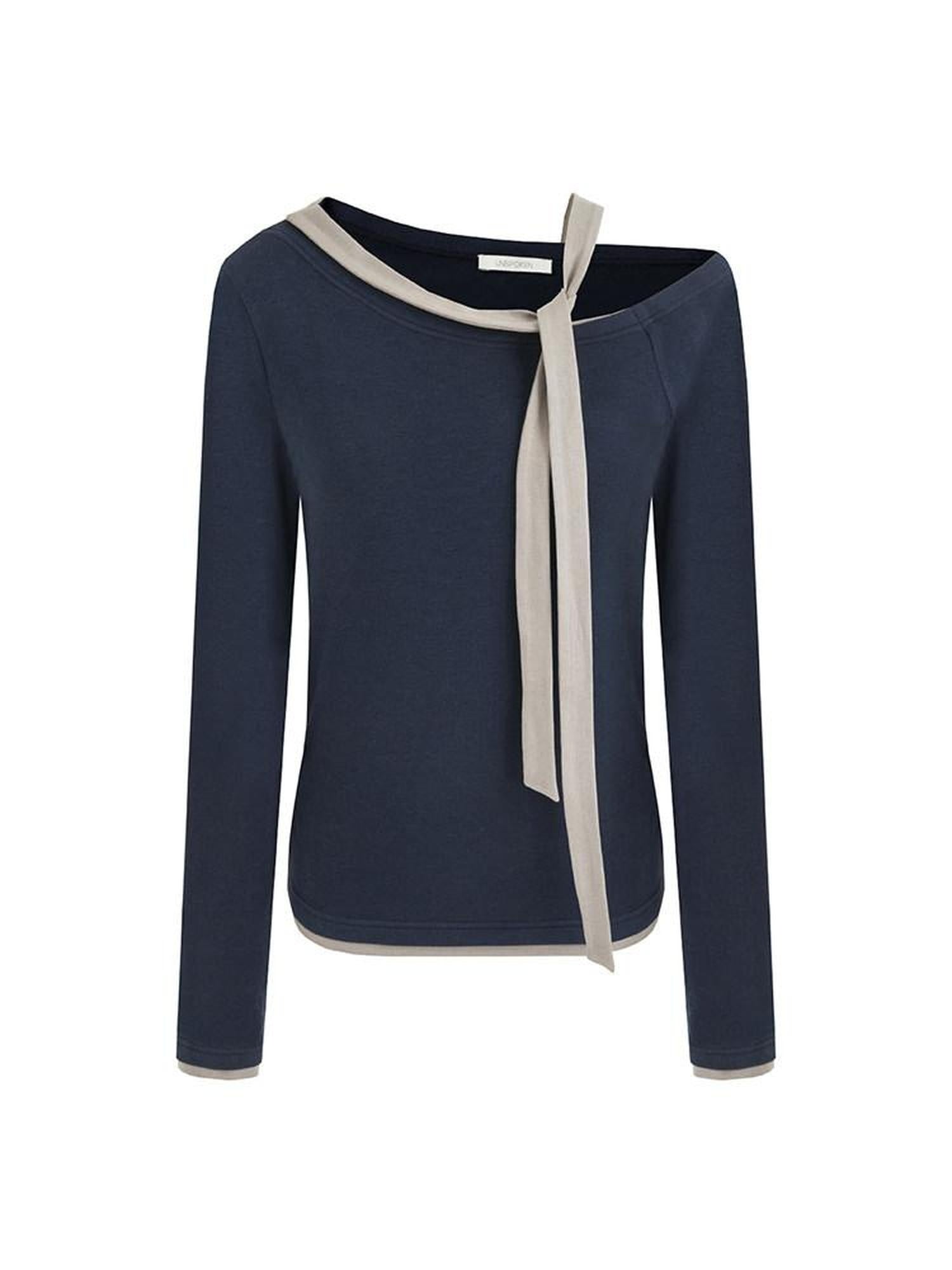 unspoken Tie Detail Slim Knit Pullover Asymmetrical Collar Office Viscose Blouses