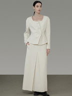 unspoken Slim Office Button Front Long Sleeve Cream Polyester Women Top & Skirt Sets