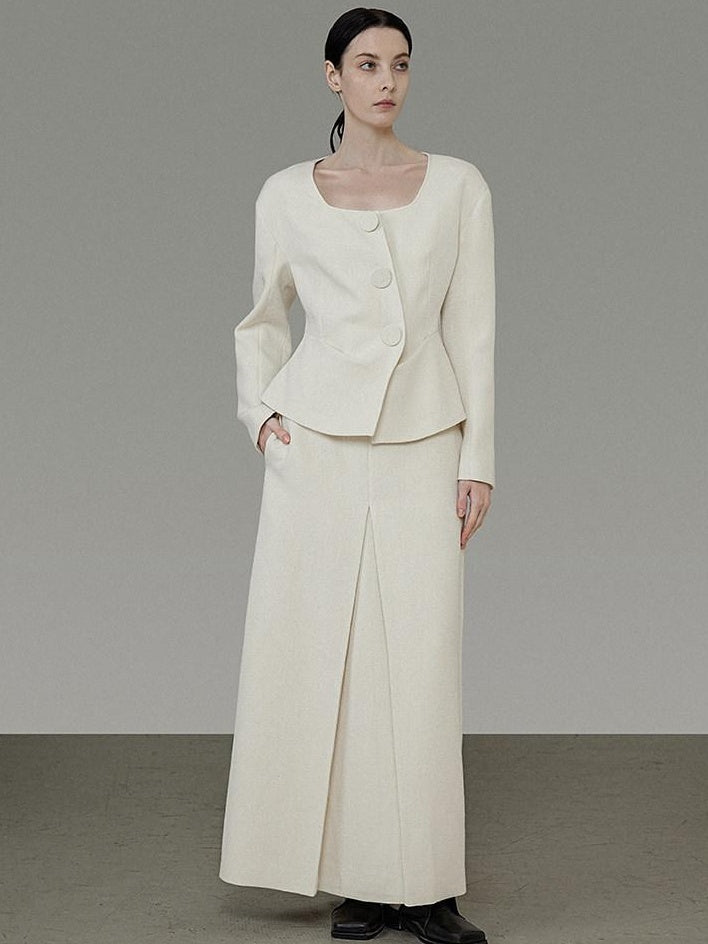 unspoken Slim Office Button Front Long Sleeve Cream Polyester Women Top & Skirt Sets
