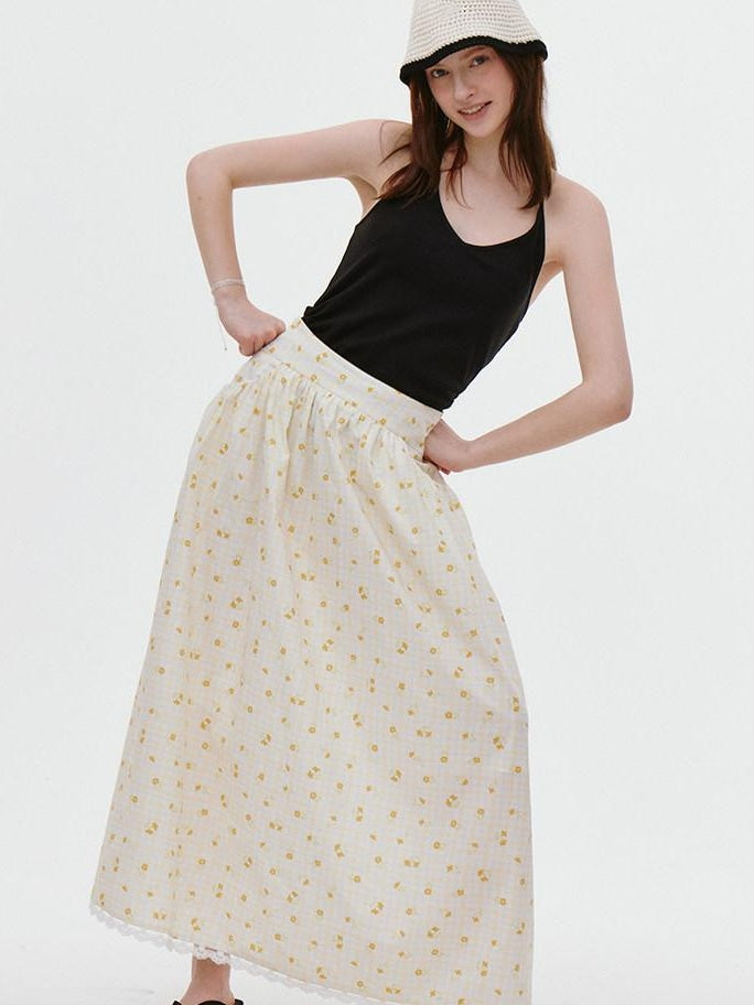fano Lined 100% Cotton Soft Plaid A Line Mid Waist Loose Fit Korean Maxi Skirts