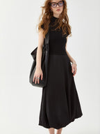 fano High Waist Minimalist Office A Line Short Sleeve Mock Neck Black Midi Dresses