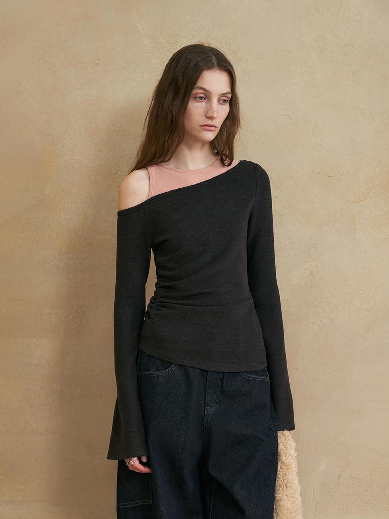 someonesometimes Colorblock Charcoal Pink Asymmetrical Knit Loose Viscose Off Shoulder Crop Tops