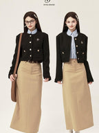 ikyou 3D Button Trim Slim Fit Office Long Sleeve Solid Polyester Cropped Jackets