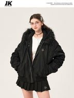 ikyou Insulated Fur Trim Hood Minimalist Straight Cut Urban Warm Nylon Puffer Jackets