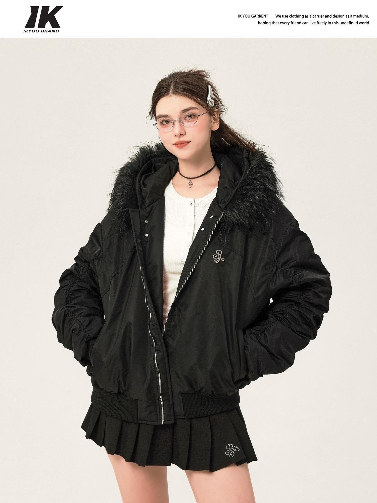 ikyou Insulated Fur Trim Hood Minimalist Straight Cut Urban Warm Nylon Puffer Jackets