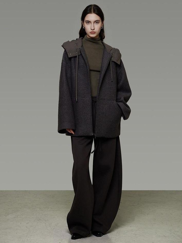 unspoken Premium Lambswool Hooded Relaxed Fit Minimal Commuter Zipper Gray Wool Coats