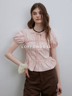 Lofi choose Puff Sleeve Tie Neck Loose Fit Office Workwear Short Sleeve White Pink Blouses