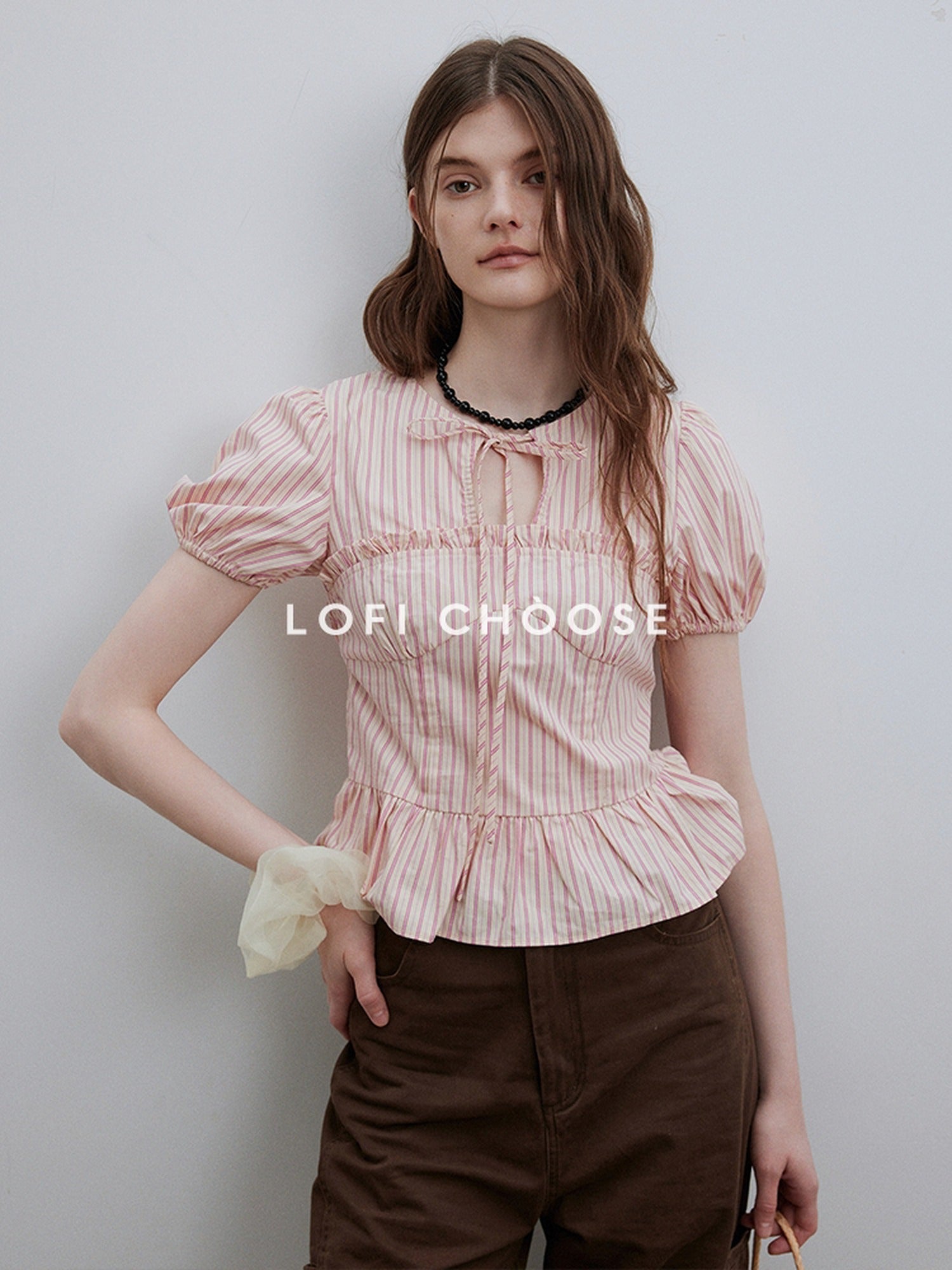 Lofi choose Puff Sleeve Tie Neck Loose Fit Office Workwear Short Sleeve White Pink Blouses
