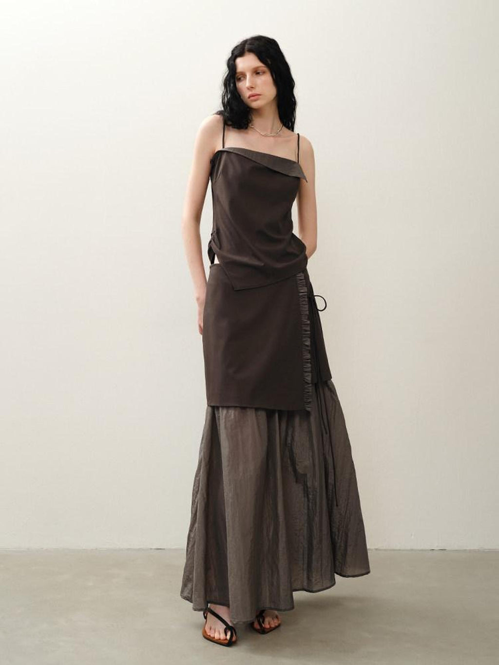 someonesometimes Original Coffee Viscose Blend Loose Camisole Midi Skirt Women Top & Skirt Sets