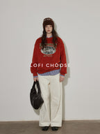 Lofi choose Cozy Thick Oversized Pullover Crewneck Cartoon Anime Print Vintage Red Sweatshirt