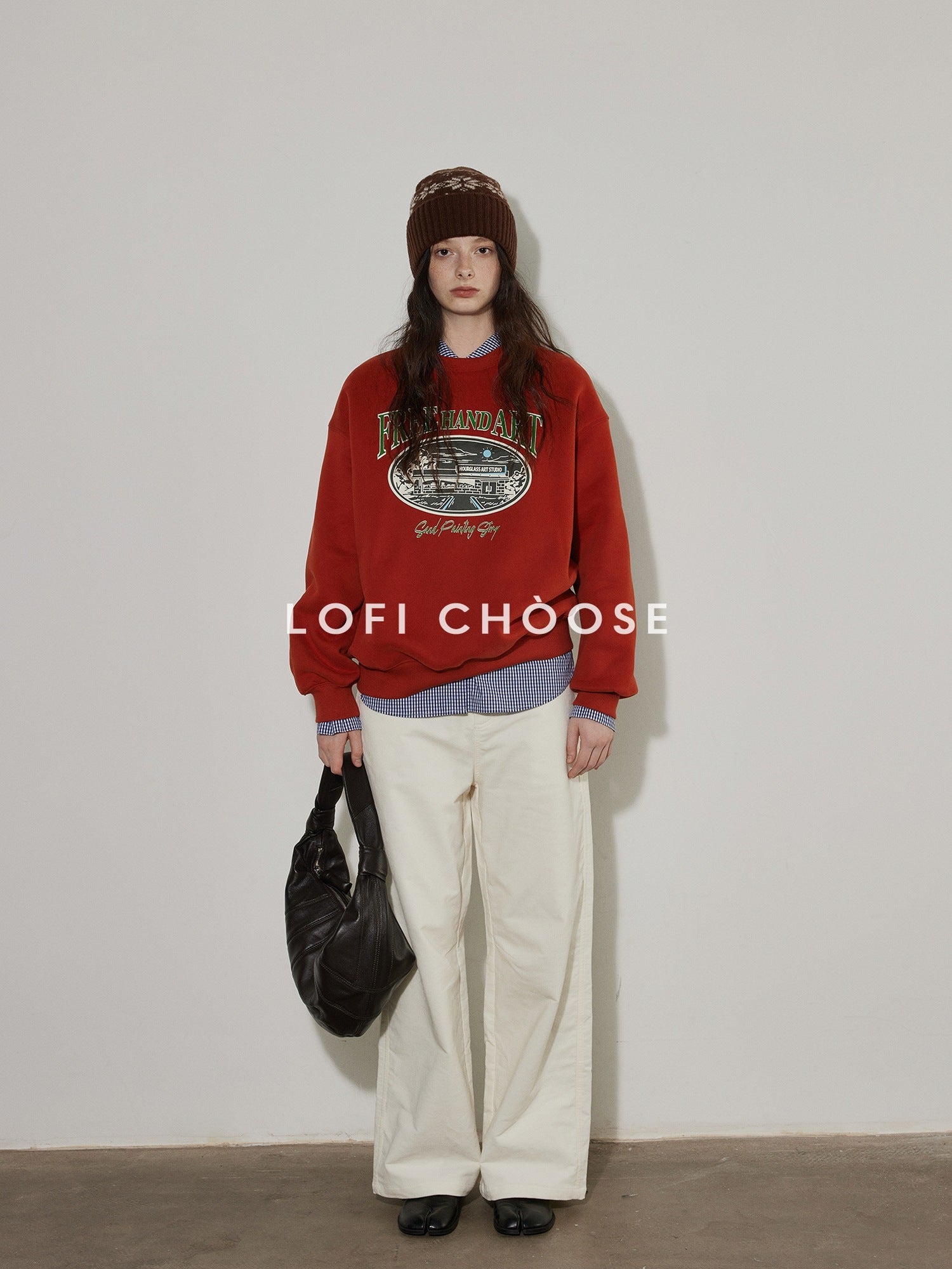 Lofi choose Cozy Thick Oversized Pullover Crewneck Cartoon Anime Print Vintage Red Sweatshirt