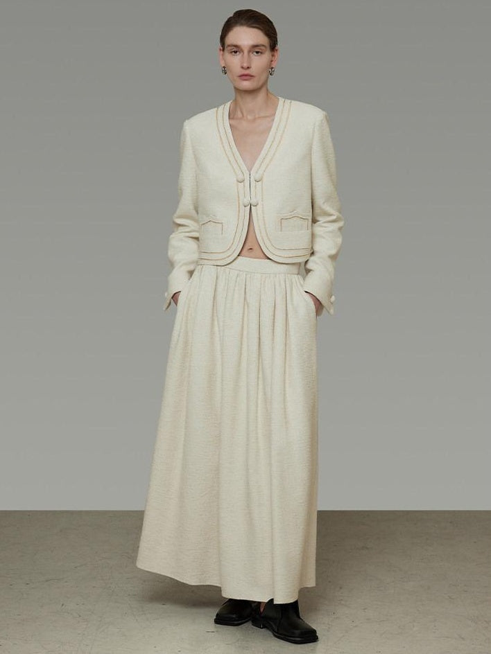 unspoken Cropped V-neck Blazer Tailored Slim High Waist Cotton Office Top & Skirt Sets