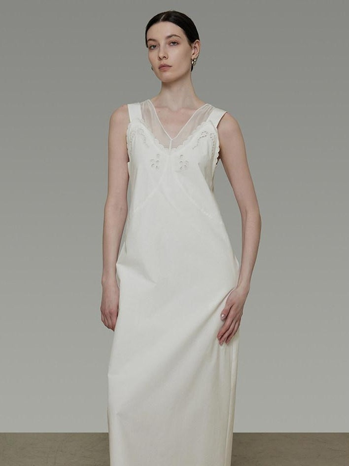 unspoken Soft 100 Percent Cotton Crochet V-neck Sleeveless Office White Maxi Dresses