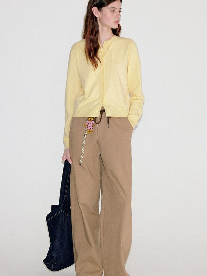 fano Cotton Elastic Waist Pocket Korean Workwear Women Khaki Straight Pants